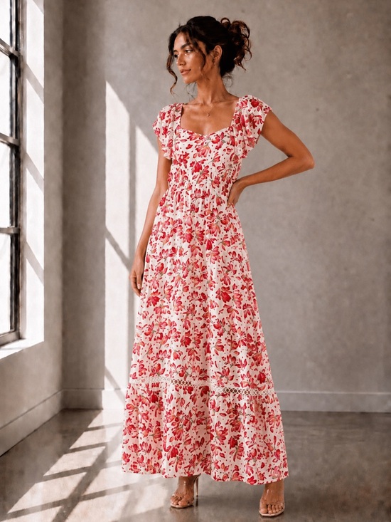 Dresses & Skirts - 461. Blushing Garden Open-Back Maxi Floral Dress